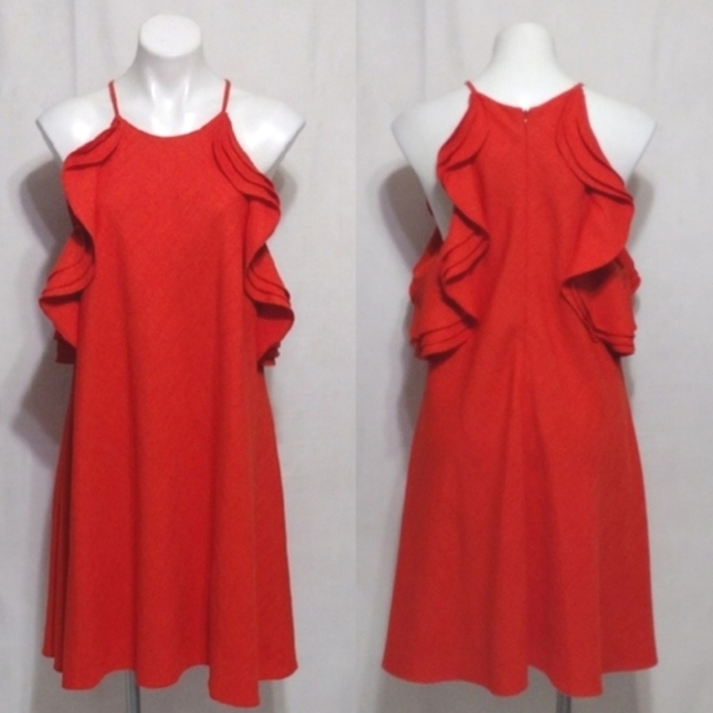 Badgley Mischka Plus Size 18 Halter Trapeze Dress Ruffle Trim Flowy & Elegant